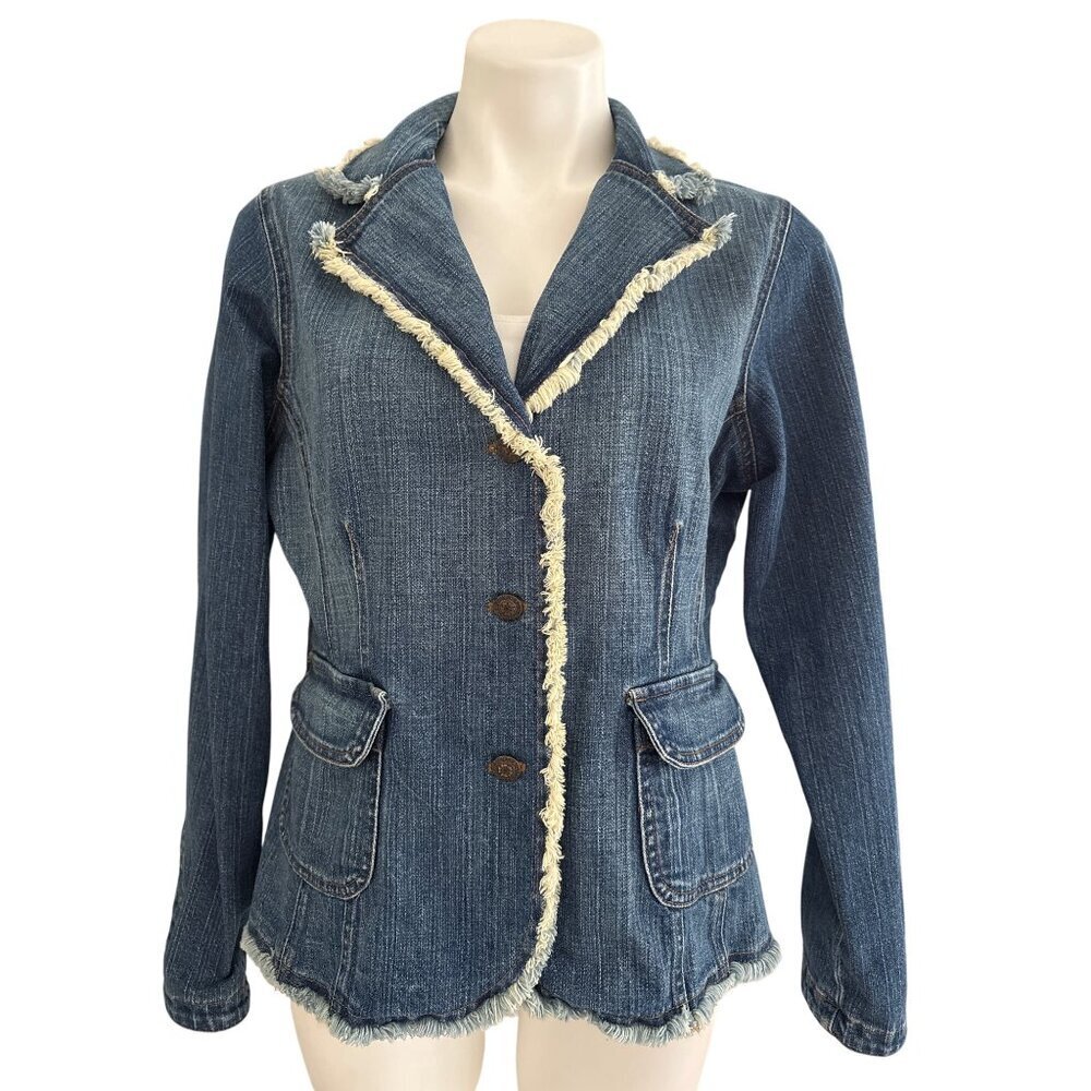 Soft Surroundings Medium Denim Jacket With Fringe Trim & Button Front - Picture 1 of 7